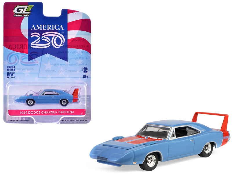 1969 Dodge Charger Daytona Blue with Red Stripes America 250 Edition Anniversary Collection Series 18 1/64 Diecast Model Car Greenlight 28180F