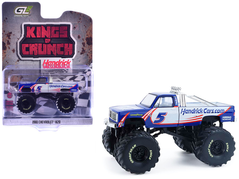 1981 Chevrolet K20 Monster Truck #5 HendrickCars.com Blue and White with Graphics Kings of Crunch - Hendrick Motorsports Tribute Special Edition 1/64 Diecast Model Car Greenlight 49180A