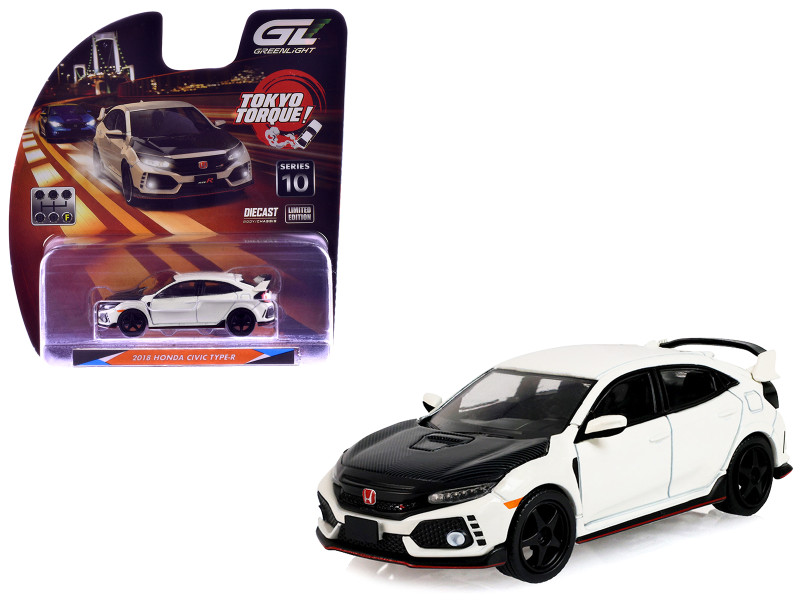 2018 Honda Civic Type-R FK8 RHD Right Hand Drive Championship White with Carbon Hood Tokyo Torque Series 10 1/64 Diecast Model Car Greenlight 235110F