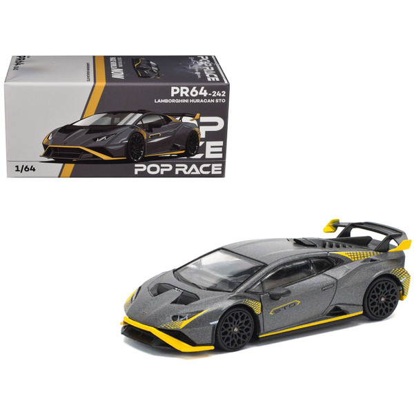 Lamborghini Huracan STO Matt Gray Metallic with Yellow Accents 1/64 Diecast Model Car Pop Race PR640242