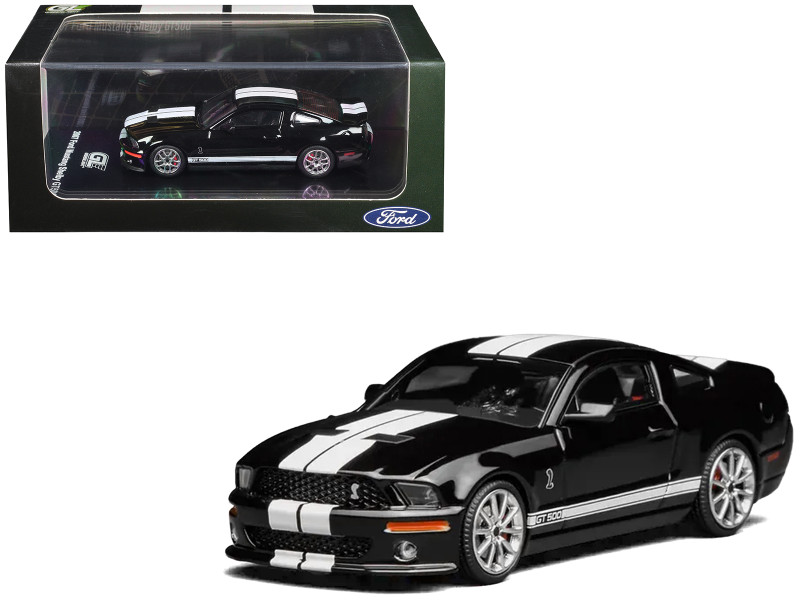 2007 Ford Mustang Shelby GT500 Ebony Black with White Stripes 1/64 Diecast Model Car MotorHelix & Greenlight GL-1251005B