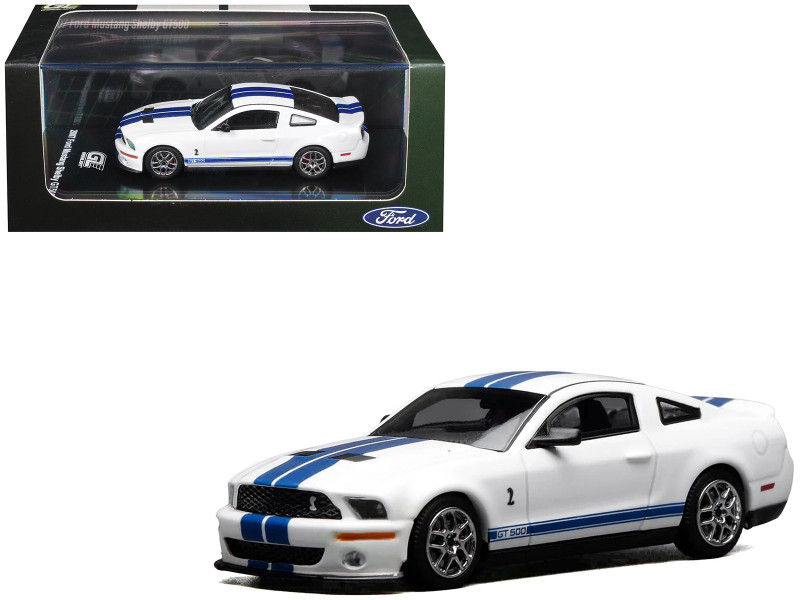2007 Ford Mustang Shelby GT500 Performance White with Blue Stripes 1/64 Diecast Model Car MotorHelix & Greenlight GL-1251005C