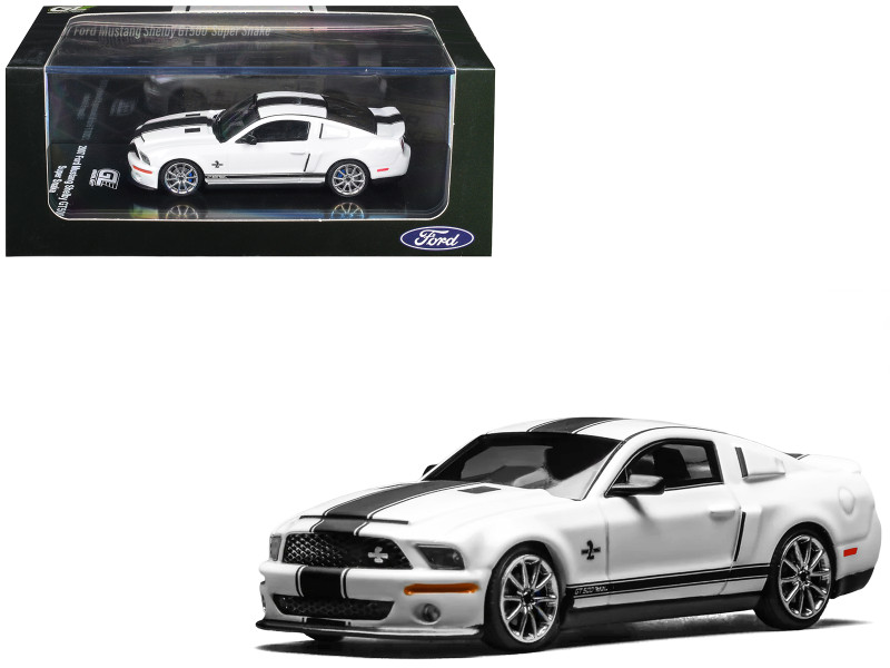 2007 Ford Mustang Shelby GT500 Super Snake Performance White with Matt Black Stripes 1/64 Diecast Model Car MotorHelix & Greenlight GL-1251006A
