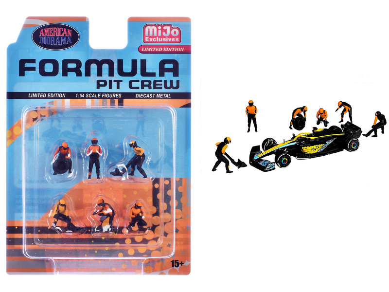 Formula Pit Crew – Team Orange 6 piece Diecast Figure Set 6 Figures Limited Edition for 1/64 Scale Models American Diorama AD-2441MJ