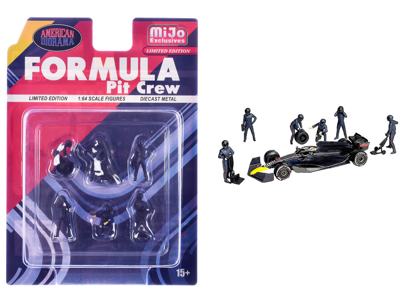 Formula Pit Crew – Team Blue 6 piece Diecast Figure Set 6 Figures Limited Edition for 1/64 Scale Models American Diorama AD-2442MJ