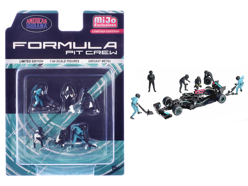 Formula Pit Crew – Team Black 6 piece Diecast Figure Set 6 Figures Limited Edition for 1/64 Scale Models American Diorama AD-2444MJ