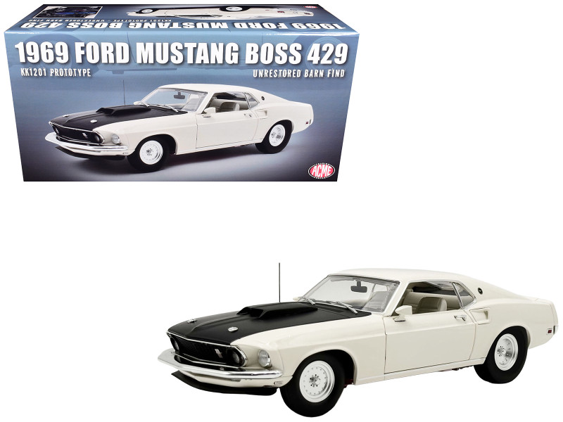 1969 Ford Mustang BOSS 429 KK1201 Prototype - Unrestored Barn Find White with Black Hood Limited Edition to 360 pieces Worldwide 1/18 Diecast Model Car ACME A1801891