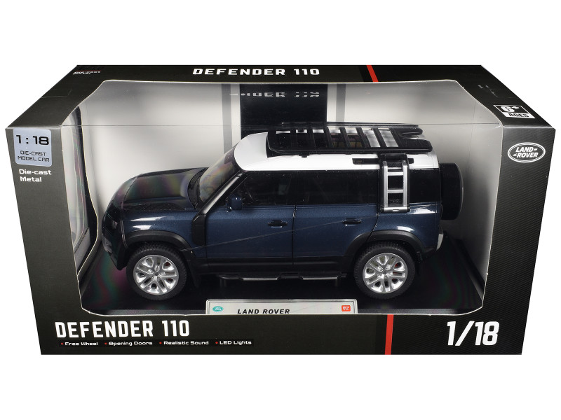 Land Rover Defender 110 Blue Metallic with White Top and Roof Rack 1/18 Diecast Model Car Heimanba Q1002A-BL