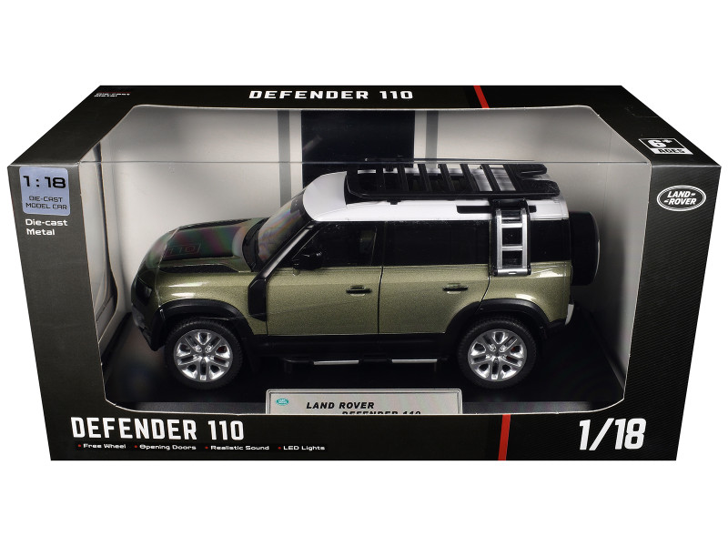 Land Rover Defender 110 Green Metallic with White Top and Roof Rack 1/18 Diecast Model Car Heimanba Q1002A-GRN
