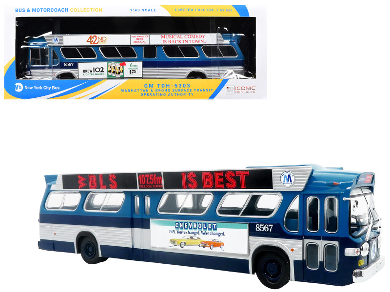 1963 GM TDH-5303 Transit Bus MTA New York City Surface Transit Blue Two-Tone with Graphics The Bus & Motorcoach Collection Limited Edition to 504 pieces Worldwide 1/43 Plastic Model Iconic Replicas 43-0666