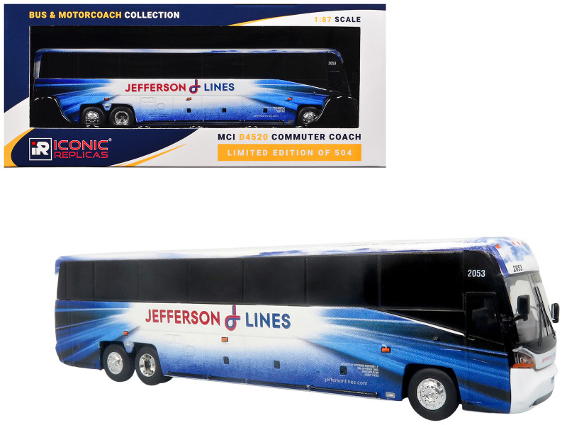 MCI D4520 Commuter Coach Bus Jefferson Lines White with Blue Graphics The Bus & Motorcoach Collection Limited Edition to 504 pieces Worldwide 1/87 (HO) Scale Diecast Model Iconic Replicas 87-0651