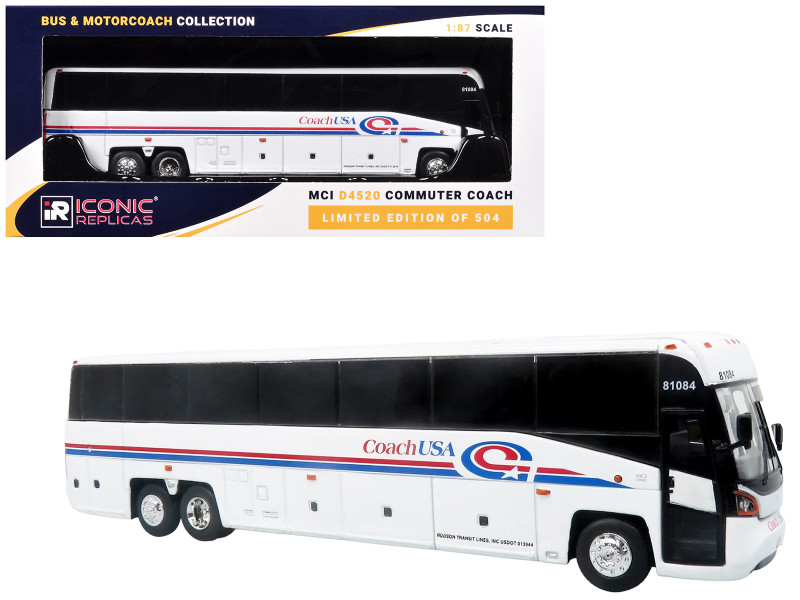 MCI D4520 Commuter Coach Bus Coach USA White with Blue and Red Stripes The Bus & Motorcoach Collection Limited Edition to 504 pieces Worldwide 1/87 (HO) Scale Diecast Model Iconic Replicas 87-0652
