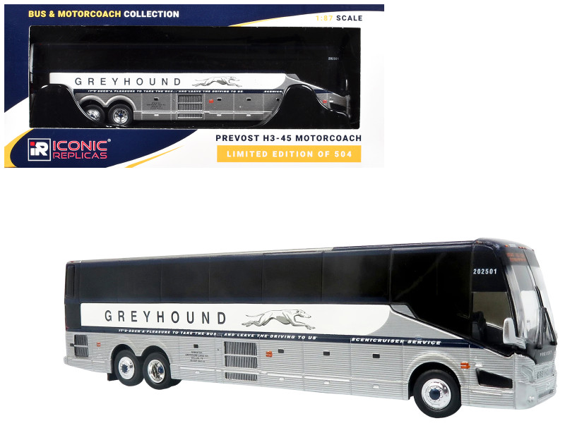 Prevost H3-45 Coach Bus Greyhound Scenicruiser Service White and Raw Metal The Bus & Motorcoach Collection Limited Edition to 504 pieces Worldwide 1/87 (HO) Scale Diecast Model Iconic Replicas 87-0659
