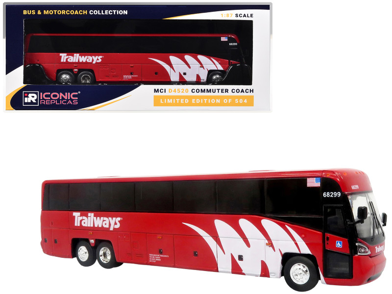 MCI D4520 Commuter Coach Bus Burlington Trailways Red with White Graphics The Bus & Motorcoach Collection Limited Edition to 504 pieces Worldwide 1/87 (HO) Scale Diecast Model Iconic Replicas 87-0661