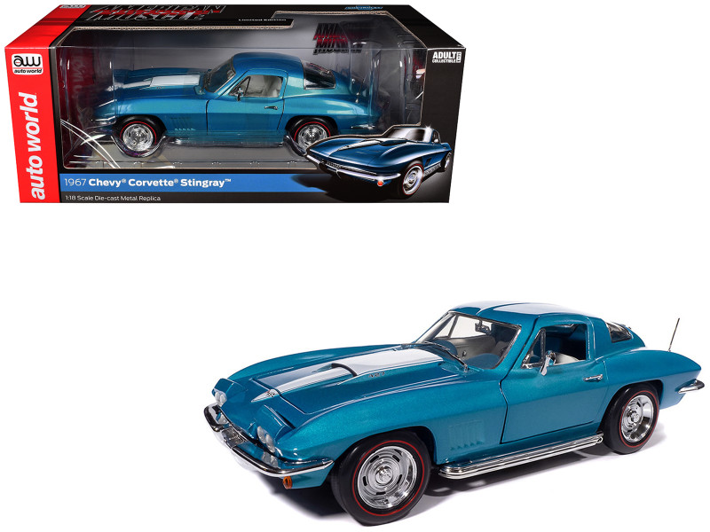 1967 Chevrolet Corvette Stingray Light Blue Metallic with White Hood Stripe American Muscle Series 1/18 Diecast Model Car Auto World AMM1376