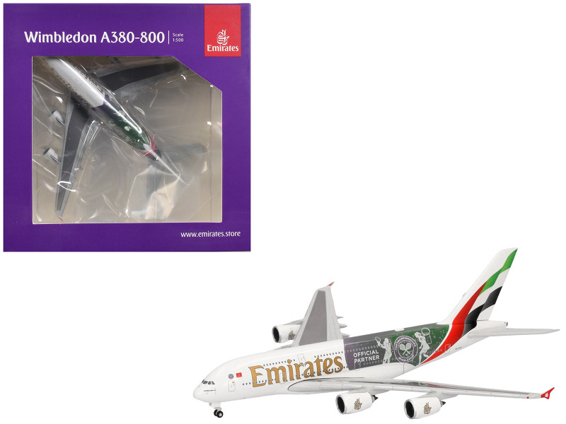 Airbus A380-800 Commercial Aircraft Emirates Airlines - Wimbledon Official Partner A6-EOE White with Graphics 1/500 Diecast Model Airplane Herpa HE538664