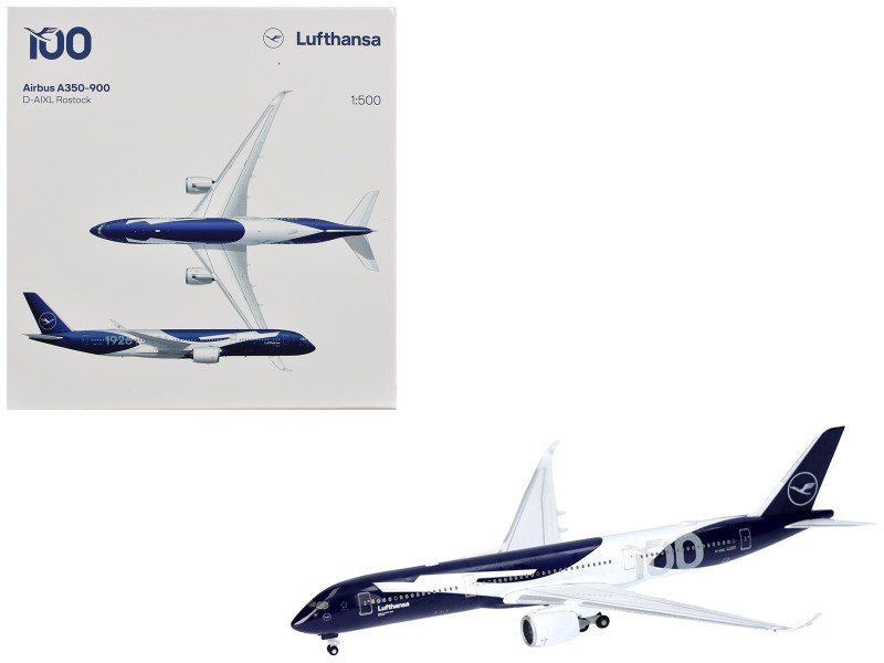 Airbus A350-900 Commercial Aircraft Lufthansa 100 Years D-AIXL Blue with Graphics 1/500 Diecast Model Airplane Herpa HE539012