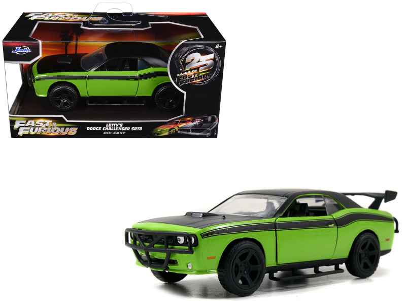 Letty's Dodge Challenger SRT8 Green with Matt Black Top and Hood and Black Stripes Furious 7 2015 Movie Fast & Furious 25th Anniversary Series 1/32 Diecast Car Model Jada 97140-25TH