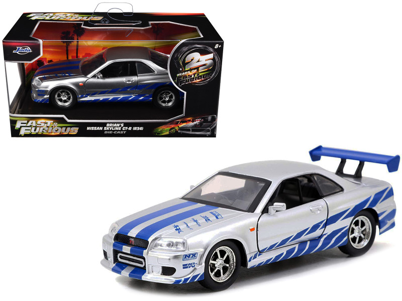 Brian's Nissan Skyline GT-R R34 RHD Right Hand Drive Silver Metallic with Blue Stripes 2 Fast 2 Furious 2003 Movie Fast & Furious 25th Anniversary Series 1/32 Diecast Car Model Jada 97184-25TH