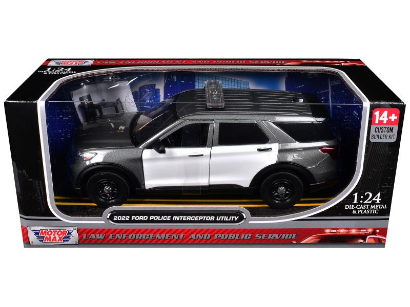 2022 Ford Police Interceptor Utility Gray Metallic with White Doors Builder s Kit with Flashing Light Bar and Front and Rear Lights and Sounds 1/24 Diecast Model Car Motormax 79541-BB-GRYW
