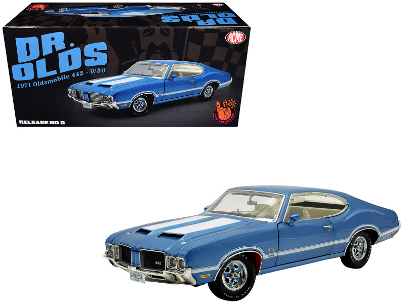1971 Oldsmobile 442 W30 Dr. Olds Release #6 Viking Blue Metallic with White Stripes Limited Edition to 442 pieces Worldwide 1/18 Diecast Model Car ACME A1805632
