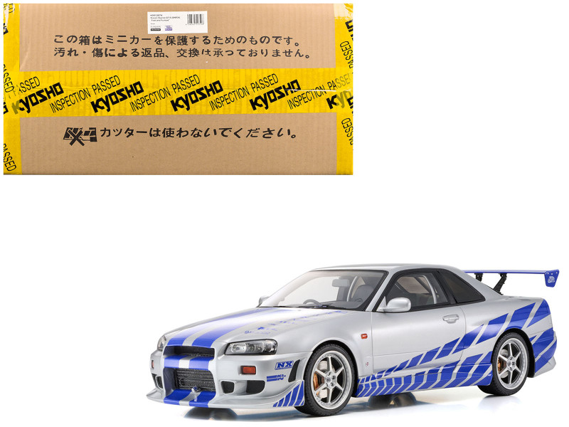 Nissan Skyline GT-R R34 RHD Right Hand Drive Silver Metallic with Blue Graphics 2 Fast 2 Furious 2003 Movie 1/12 Model Car Kyosho KSR12007A