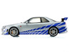 Nissan Skyline GT-R R34 RHD Right Hand Drive Silver Metallic with Blue Graphics 2 Fast 2 Furious 2003 Movie 1/12 Model Car Kyosho KSR12007A