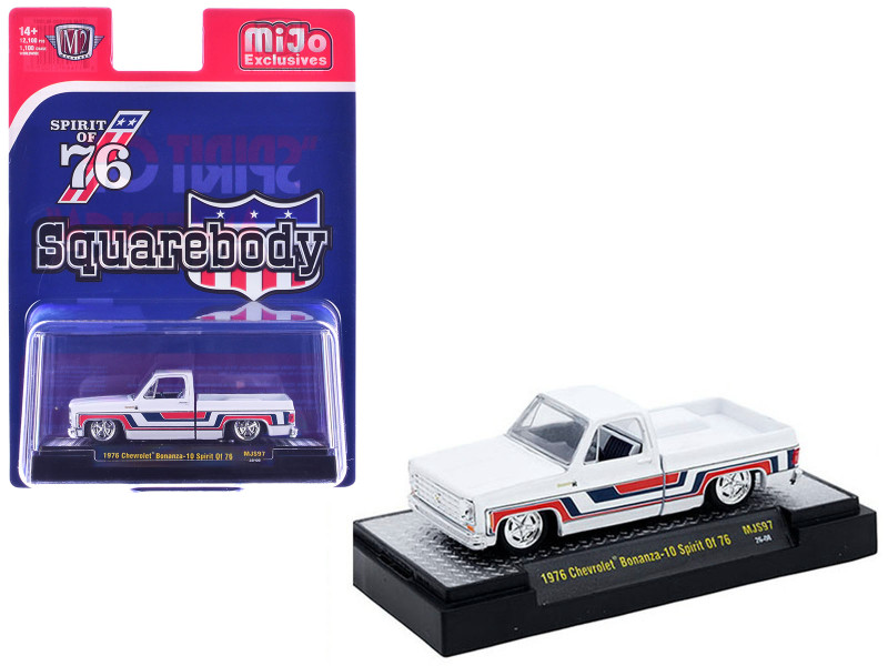 1976 Chevrolet Silverado Bonanza-10 Pickup Truck Spirit of '76 White with Blue and Red Graphics Limited Edition to 12100 pieces Worldwide 1/64 Diecast Model Car M2 Machines 31500-MJS97