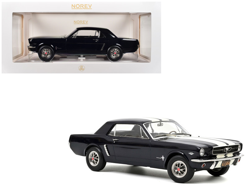 1965 Ford Mustang Hardtop Coupe Nightmist Blue Metallic with White Stripes 1/18 Diecast Model Car Norev 182805