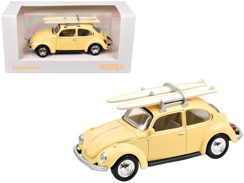 1973 Volkswagen Beetle 1303 Pastel Yellow with Roof Rack and 2 Surfboards 1/43 Diecast Model Car Norev 841007