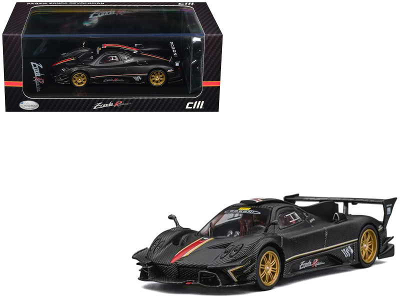 Pagani Zonda Revolucion Carbon with Red and Gold Stripes and Extra Wheels 1/64 Diecast Model Car CM Models CM64-REVOLUCION-12