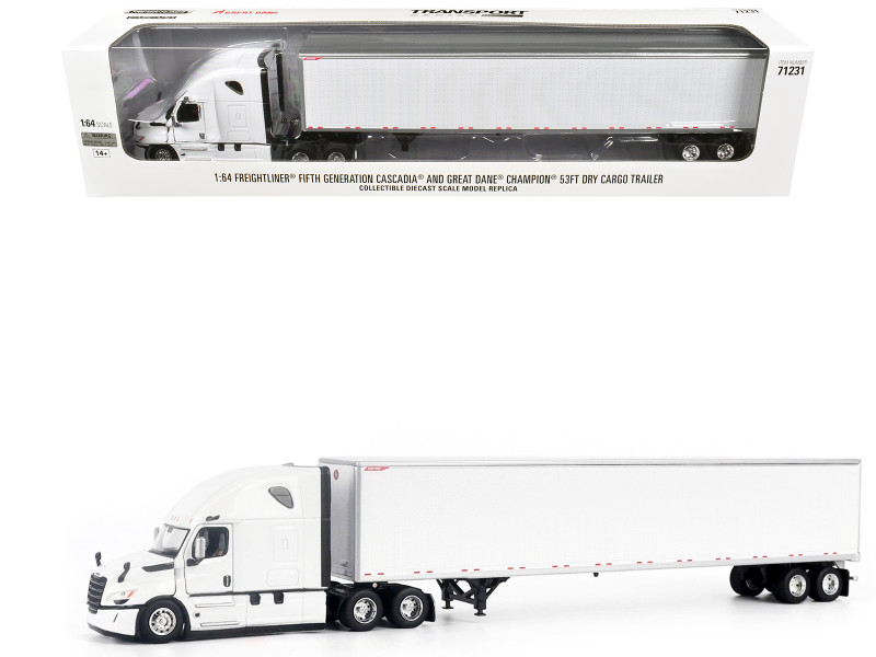 2025 Freightliner Cascadia Gen-5 Truck Tractor with Sleeper and Great Dane Champion 53ft Dry Cargo Trailer Winter White Transport Series 1/64 Diecast Model Diecast Masters 71231