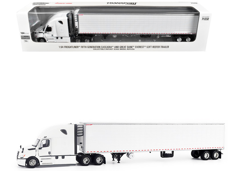 2025 Freightliner Cascadia Gen-5 Truck Tractor with Sleeper and Great Dane Champion 53ft Refrigerated Trailer Winter White Transport Series 1/64 Diecast Model by Diecast Masters 71232