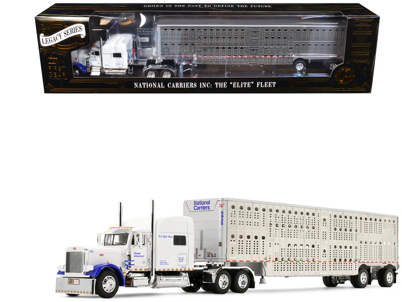 Peterbilt 379 with 70 Mid-Roof Sleeper and Wilson Silverstar Livestock Trailer National Carriers White Legacy Series #5 1/64 Diecast Model DCP/First Gear 69-2306