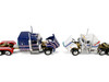 Kenworth W900L with 72 Aerocab Flat Top Sleeper Blue with White Stripes and Fontaine Magnitude Lowboy Trailer with Kenworth W900A Load White with Blue and Red Stripes America 250 1/64 Diecast Model DCP/First Gear 69-2311