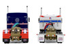 Kenworth W900L with 72 Aerocab Flat Top Sleeper Blue with White Stripes and Fontaine Magnitude Lowboy Trailer with Kenworth W900A Load White with Blue and Red Stripes America 250 1/64 Diecast Model DCP/First Gear 69-2311