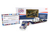 Kenworth W900L with 72 Aerocab Flat Top Sleeper Blue with White Stripes and Fontaine Magnitude Lowboy Trailer with Kenworth W900A Load White with Blue and Red Stripes America 250 1/64 Diecast Model DCP/First Gear 69-2311
