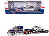 Kenworth W900L with 72 Aerocab Flat Top Sleeper Blue with White Stripes and Fontaine Magnitude Lowboy Trailer with Kenworth W900A Load White with Blue and Red Stripes America 250 1/64 Diecast Model DCP/First Gear 69-2311