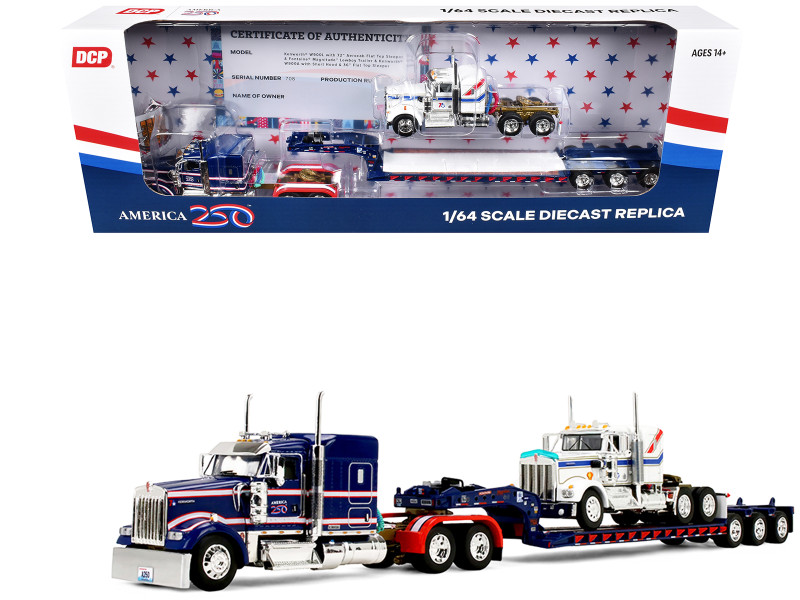 Kenworth W900L with 72 Aerocab Flat Top Sleeper Blue with White Stripes and Fontaine Magnitude Lowboy Trailer with Kenworth W900A Load White with Blue and Red Stripes America 250 1/64 Diecast Model DCP/First Gear 69-2311