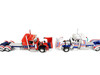 Peterbilt 589 with 44 Flat Top Sleeper Red with Blue Stripes and Fontaine Renegade LXT40 Lowboy Trailer with Peterbilt 359 Load White with Blue and Red Stripes America 250 1/64 Diecast Model DCP/First Gear 69-2348