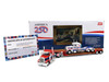 Peterbilt 589 with 44 Flat Top Sleeper Red with Blue Stripes and Fontaine Renegade LXT40 Lowboy Trailer with Peterbilt 359 Load White with Blue and Red Stripes America 250 1/64 Diecast Model DCP/First Gear 69-2348
