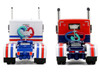 Peterbilt 589 with 44 Flat Top Sleeper Red with Blue Stripes and Fontaine Renegade LXT40 Lowboy Trailer with Peterbilt 359 Load White with Blue and Red Stripes America 250 1/64 Diecast Model DCP/First Gear 69-2348