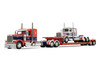Peterbilt 589 with 44 Flat Top Sleeper Red with Blue Stripes and Fontaine Renegade LXT40 Lowboy Trailer with Peterbilt 359 Load White with Blue and Red Stripes America 250 1/64 Diecast Model DCP/First Gear 69-2348