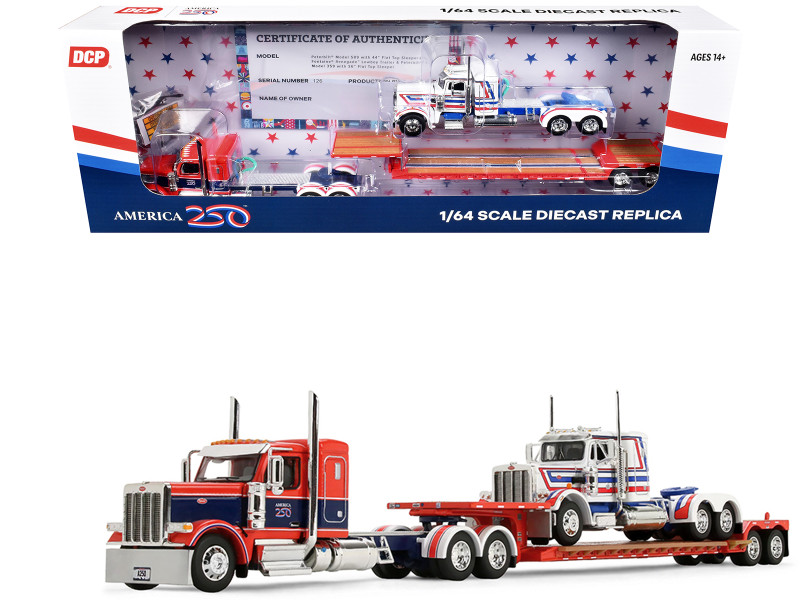 Peterbilt 589 with 44 Flat Top Sleeper Red with Blue Stripes and Fontaine Renegade LXT40 Lowboy Trailer with Peterbilt 359 Load White with Blue and Red Stripes America 250 1/64 Diecast Model DCP/First Gear 69-2348