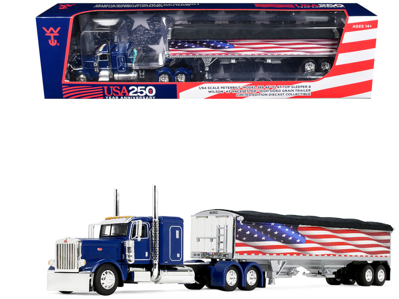 Peterbilt 389 with 48 Flat Top Sleeper and 43' Wilson Pacesetter High Side Grain Trailer Wilson USA 250 Blue 1/64 Diecast Model DCP/First Gear 69-2366