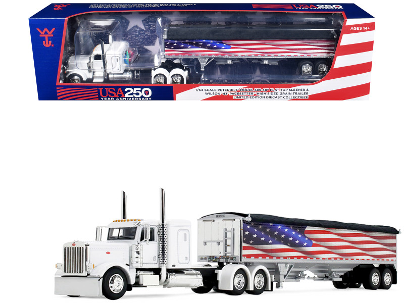 Peterbilt 389 with 48 Flat Top Sleeper and 43' Wilson Pacesetter High Side Grain Trailer Wilson USA 250 White 1/64 Diecast Model DCP/First Gear 69-2368
