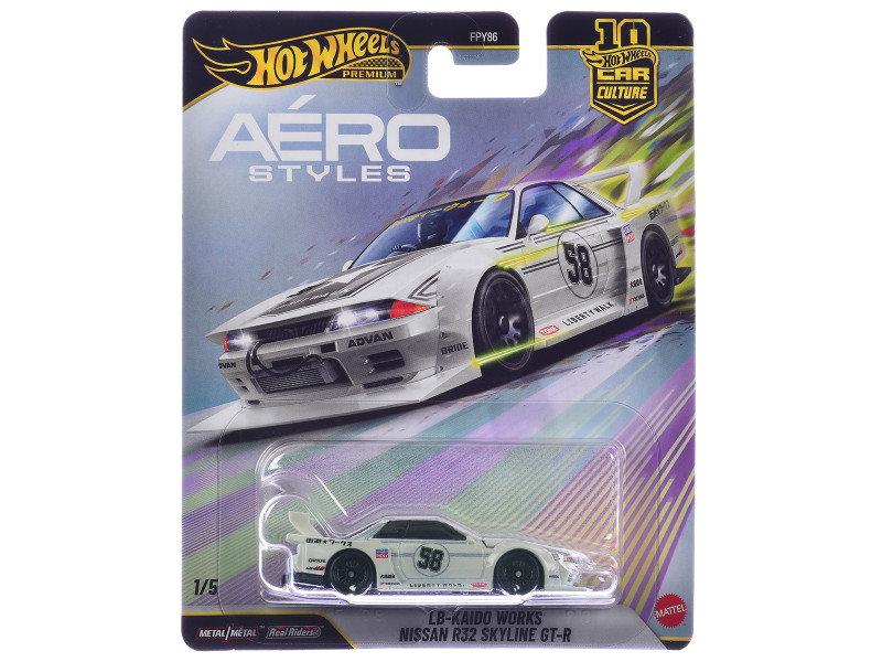 Nissan Skyline GT-R R32 LB-Kaido Works RHD Right Hand Drive #58 White with Gray Stripes Aero Styles Series Diecast Model Car Hot Wheels JKF05