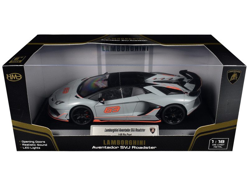 Lamborghini Aventador SVJ Roadster Matt Gray with Carbon Top and Orange Accents 1/18 Diecast Model Car Heimanba H1102GRY