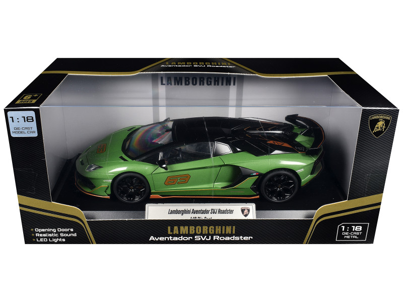 Lamborghini Aventador SVJ Roadster Green Metallic with Carbon Top and Gold Accents 1/18 Diecast Model Car Heimanba H1102GRN