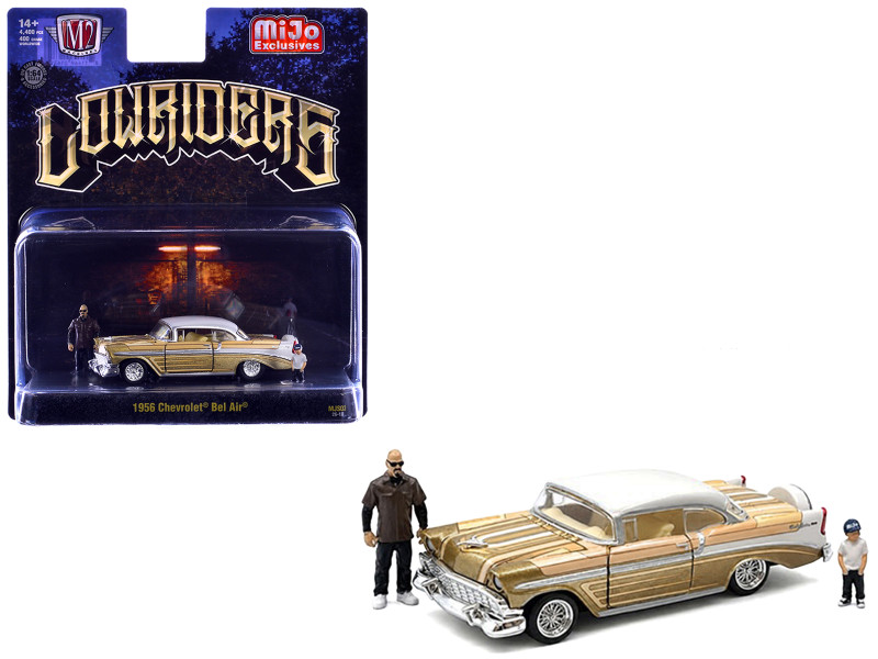 1956 Chevrolet Bel Air Lowrider Gold Metallic with Gold Interior and White Top with 2 Figures Limited Edition to 4400 pieces Worldwide 1/64 Diecast Model Car M2 Machines 67500-MJS03